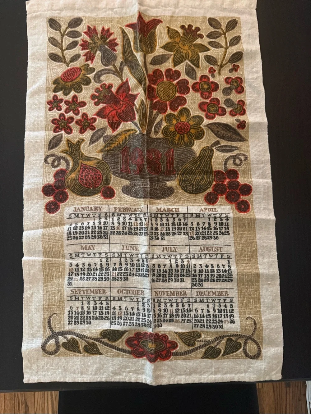 Vintage Red and Olive Green Floral Calendar Towel